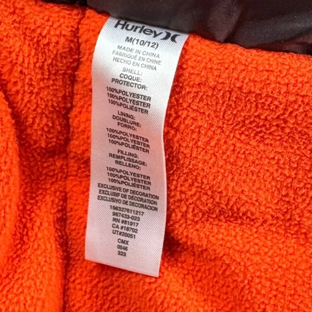 Hurley Puffer Jacket Camo Youth Hooded Boys Size M 10/12 Orange Green Black